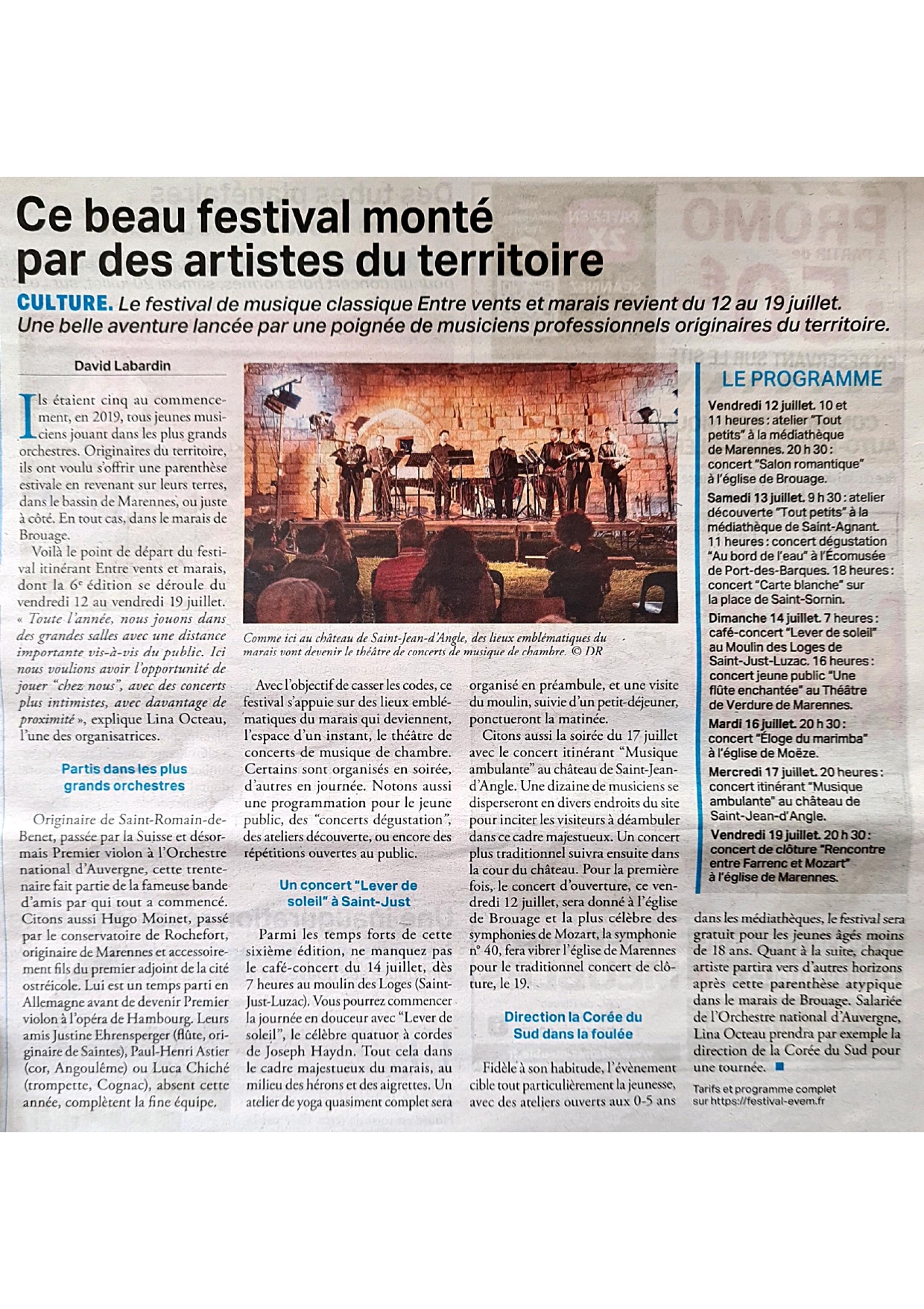 article du littoral qui porte sur les concerts rescapés du festival entre vents et marais<br />
