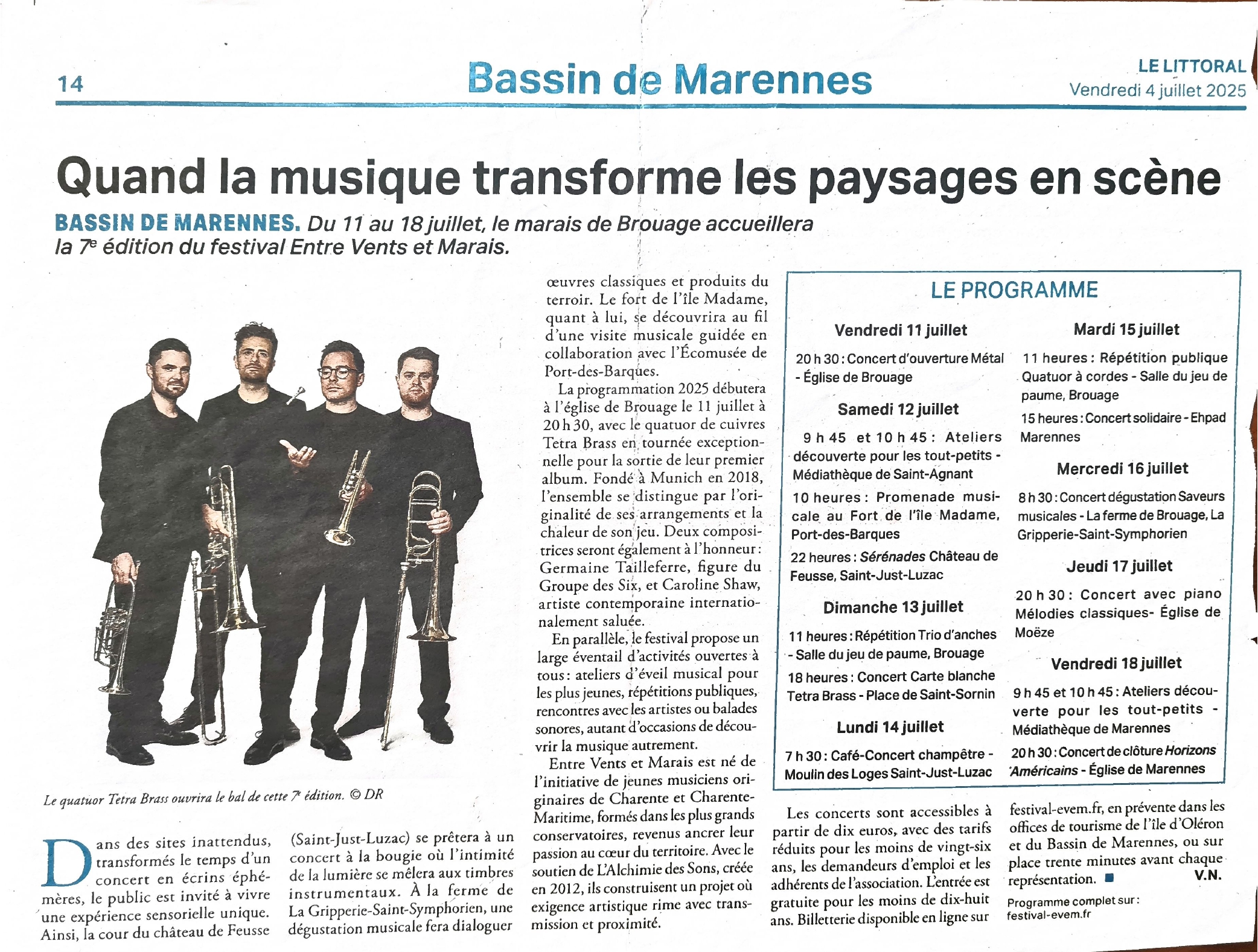 article du littoral qui porte sur les concerts rescapés du festival entre vents et marais
